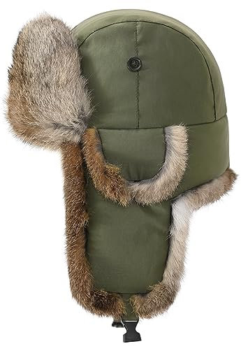 Harssidanzar Fliegermütze wasserdichte Winter Kaninchen Pelz Hüte Gefüttert Trappermütze Aviatormütze für Herren und Damen CU606EU, Armeegrün, Größe L