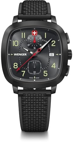 WENGER Herren Armbanduhr Vintage Sport Chrono Ø 40mm, Swiss Made, Analog Quarz, Wasserdicht bis 50m, Silikon-Armband