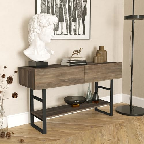 [en.casa] Konsolentisch Lappeenranta Sideboard mit 2 Türen Flurtisch 139x43x76 cm Beistelltisch mit Ablage Büro Wohnzimmer Industrial Eiche dunkel/Schwarz