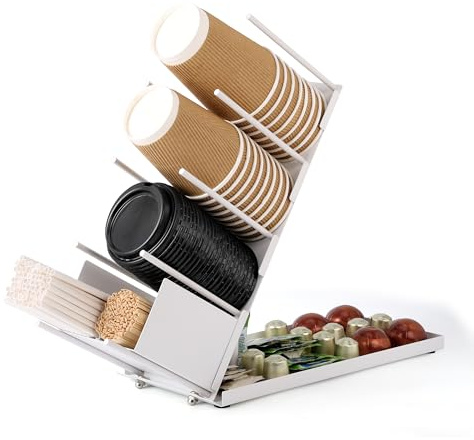 BELLE VOUS Organizer Angolo Bar per Casa e Ufficio - Portabicchieri e Porta Cialde Caffè - Organizzatore Caffetteria per Bicchieri e Accessori - per Cucchiaini e Tovaglioli - Bianco
