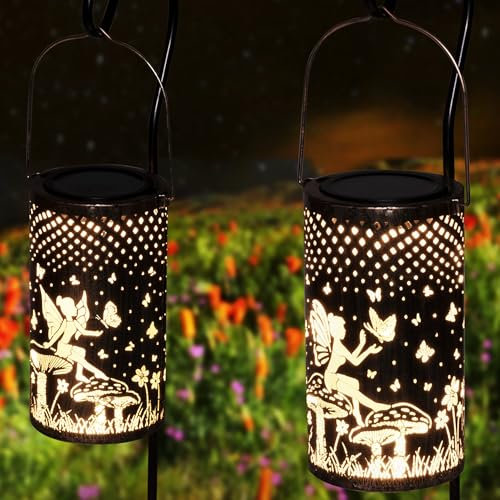Freekite 2 Pack Solar Lanterns for Outdoor, IP65 Waterproof Bronze Metal Angel Butterfly Solar Lights with Shepherd's Hooks, Outdoor Lanterns Lights Garden Ornaments for Garden Table Patio Yard