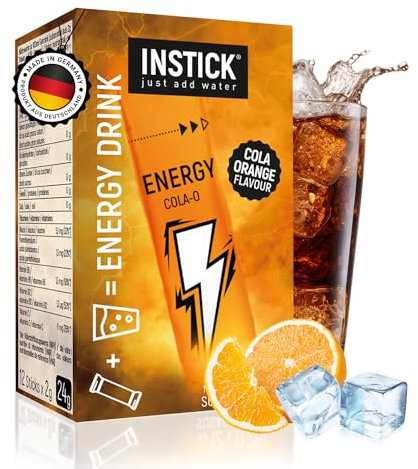 INSTICK Zuckerfreier Energydrink (Cola-Orange) - Kalorienarmes Energy Getränkepulver mit Koffein & Vitaminen - Instant-Pulver für 12 x 0,25 L