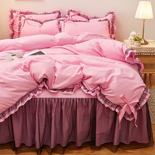 GETIYA Romantisch Rüschen Bettwäsche 135x200 4Teilig Rosa Hellrosa Unifarben Bettwäsche Mädchen Damen Rosa Bettbezug mit Schleife Weich Mikrofaser Bettwäsche Set mit 2 Kissenbezug 80x80