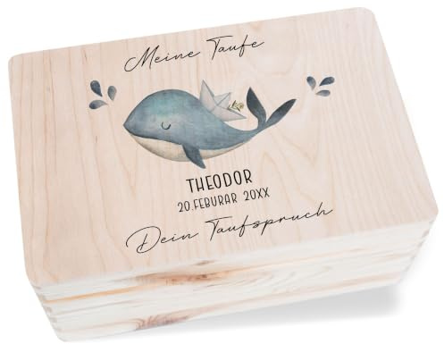 Holz Erinnerungsbox Baby Geschenkbox Holzkiste Baby - Meine Taufe Wunschtext mit Wal und Name Geschenk Holzbox Taufgeschenk I - 30 x 20 x 14 - Holz - taufgeschenke jungen patenkind von patin
