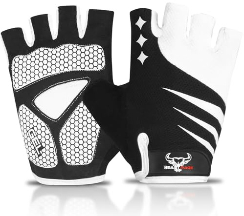 BEAST RAGE Halbfinger-Fahrradhandschuhe für Herren und Damen, Gel-gepolstert, rutschfest, stoßdämpfend, für Gewichtheben, Fitnessstudio, fingerlos, atmungsaktiv, Mountainbike-Handschuhe für MTB