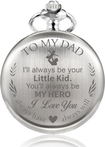TREEWETO Herren Quarz Personalisierte Schwarze Taschenuhr Graviert Gravur Individuell mit Kette Geschenkbox für Papa Vater Papa Onkel Opa Großvater Liebe