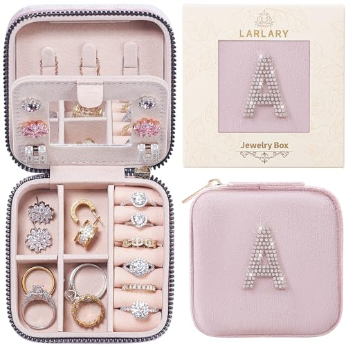 Larlary Reise Schmuckkästchen, Reise Schmuckkästchen für Ringe, Ohrringe, Halsketten und Armbänder mit Buchstaben - Rosa (A)