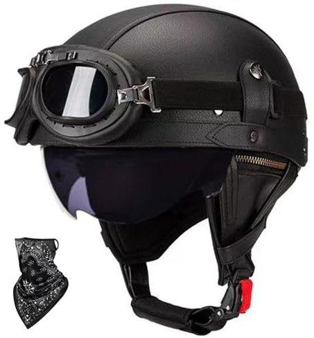 Retro Halbschalenhelm mit Brille, DOT/ECE, Leder | Schnellverschluss-Schnalle. Geeignet für Cruiser, Chopper, Scooter. DOT/ECE zertifiziert. Lederbezug. Für Erwachsene