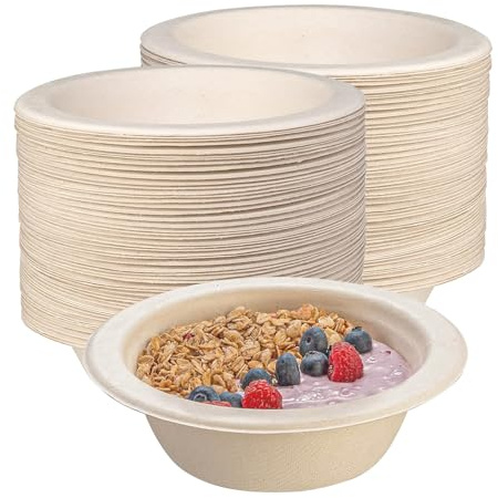 BOKFJBP Lot de 100 bols à canne à sucre marron de 260 ml - Bols à soupe en canne à sucre bagasse durables isolés et durables - Pour le printemps et l'été - Barbecues, pique-niques, dîners de famille