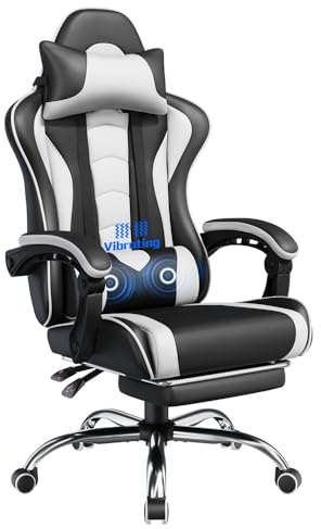 Yaheetech Chaise Gaming Massante Ergonomique Fauteuil Gamer Dossier et Appui-tête Hauteur Réglable avec Repose-Pied Similicuir Charge 150kg Noir Blanc