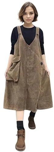 LAEMILIA Women's Corduroy Overall Dress V Neck Corduroy Pinafore Dress Ladies Cord Dresses Midi Fall Winter Baggy Dungaree Dress with Large Pockets Plus Size M-5XL / UK 8-22 Brown