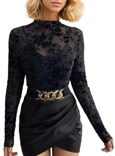EMOTTOS Donna Camicia Sexy Mesh Top, Maglietta Maniche Lunghe Elegante Crop Top a Collo Alto con Motivo Floreale Y2K, Trasparente Camicia Maglie Eleganti, Nero, S