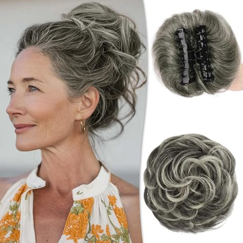 RUWISS Krallen Clip Messy Bun Haarteil Echthaar Wellig Lockig Chigno Haardutt Haarverlängerung Hochsteckfrisur Clip in Claw Haar Scrunchies für Damen（Schwarz Mix Grau und Platinblonde Spitzen）