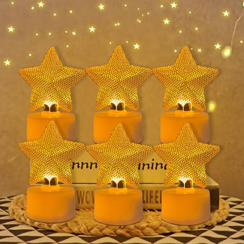Nexoria Weihnachtsdeko LED Kerzen, 6 Stück Weihnachten Deko Stern Weihnachtsbaum Flammenlose Kerzen, Weihnachtsdeko Innen Mini Teelichter Batteriebetrieben für Tischdeko (A)