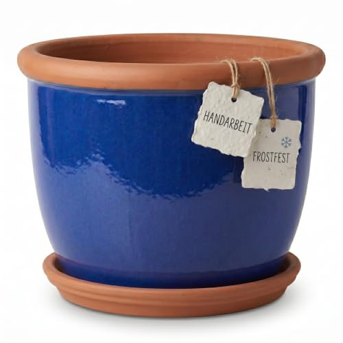Teramico Macetero de gres esmaltado con Borde marrón, Hecho a Mano, 25 cm - 42 cm (Azul Real, 32 cm)