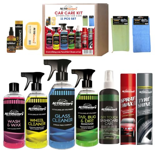 11 Pcs Car Cleaning Kit – Car Wash Shampoo & Wax For Glass & Wheel Cleaner, Dashboard Spray Wax, Tar & Bug Cleaner, Tyre Shine, Microfibre Towel, Car Washing Foam, Cleaning Cloth & Fragrance