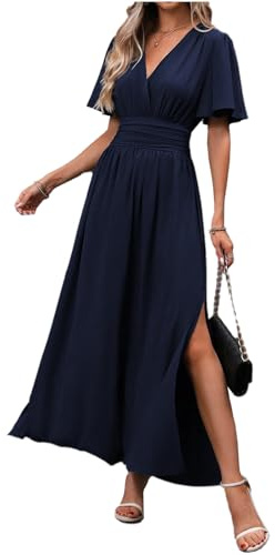 LUVCES Robe Longue Femme Chic et Élégante Col V Plissée Taille Haute Robe d'été Portefeuille Manche Courte Fente Latérale Solide Maxi Robes pour Femmes Bleu Marine M