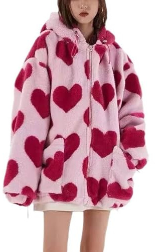 DRXRD Warme und gemütliche Fleecejacke für Damen mit Herz Print, Durchgehender Reißverschluss mit Taschen, Weiche Winteroberbekleidung für Ultimativen Komfort(Pink,Medium)