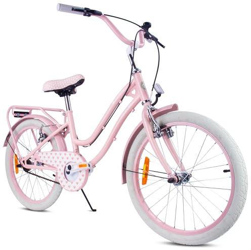 sun baby HEART BIKE Cykel för barn, Flickcykel en flicka 20 tum, 6 till 10 år, v-broms, kuggstång, Cykel för barn, Flickcykel pojkar (Silver Moon - Rosa)