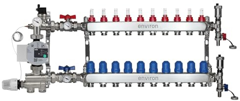 ENVIRON- Heizkreisverteiler [2-12 Heizkreise] mit Festwertregelset, Kugelhahn Set und Schnellentlüfter Set | Hocheffizienzpumpe (Wilo Para 25/6, 10 Heizkreise)