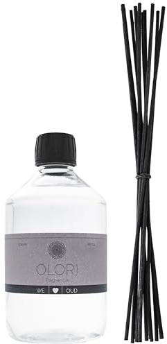 Luxus Raumduft Oud Nachfüller inkl. 10 Rattan-Stäbchen mit ätherischen Ölen - Extra langanhaltende Formel - Nachfüllflasche im Set mit Duftstäbchen (500ml Duft: waldig, holzig, würzig)
