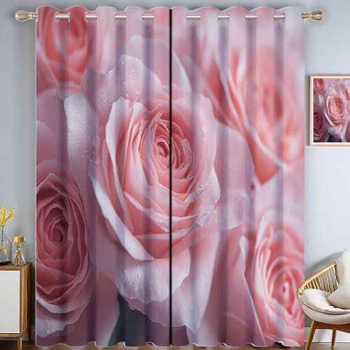 MULERN Blackout Curtains, Dreamlike Floral Printed Thermal Insulated Curtains, Pink Rose Pattern Eyelet Bedroom Window Treatment, Sunlight Blocking Energy Saving 2 Panels W 66 x L 72