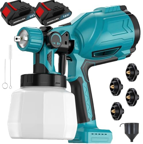 Akku Farbsprühsystem, mit 2X 3.0Ah Akku und Ladegerät, Elektro Lackierpistole mit 4 Düsen+3 Spritzmuster, 1000ml farbsprühgerät, kompatibel mit Makita 18V Akku, für Zaun, Möbel, Wände Decken