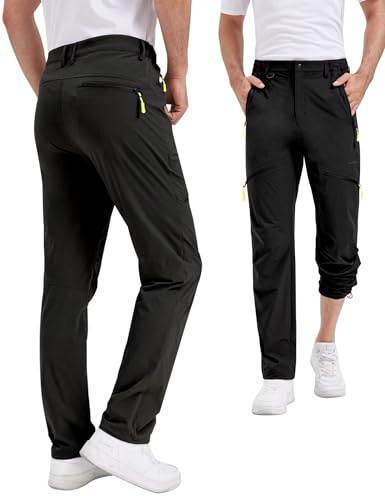KUTOOK Pantalón Trekking para Hombres Pantalones Tácticos Senderismo Elástico Respirante Cortaviento Ligero Senderismo con 5 Cremalleras Bolsillos Negro L