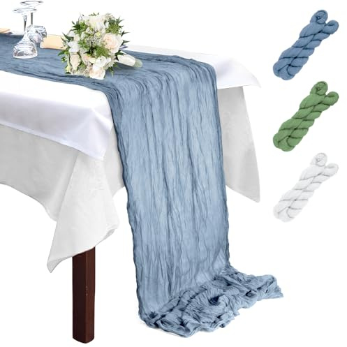 Tischläufer Hellblau, 90x300cm Dekostoff Durchsichtiger Läufer Küche | Tisch Dekoration, Boho Gaze Seihtuch Tischstreifen für Gartenparty, Sommer, Hochzeitstisch, Festtafel,Geburtstag Deko