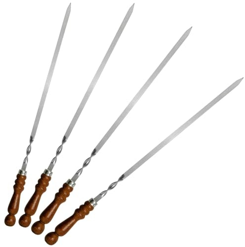4 st. Set BBQ Edelstahlspieß mit Holzgriff 65 cm lang 1,2cm breit 3mm Stark Grillspieße Schaschlikspieße Barbecuespieß Extra Stark Edelstahl Schampura für Fleisch, Gemüse, Pilze, Kebab Rouladenspieße