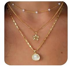 XFSRG 3 Piezas Collar para Mujer Collar de Oro de 14K Multicapa Estilo Concha de Perlas Colgante Cadena Oro Ajustable en Capas Regalos para Mujeres Y Niñas (Gold 1)