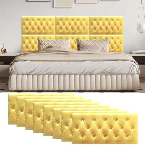 Peel and Stick Upholstered Headboard, 3D Anti-Collision Wall Padding, Self-Adhesive Padded Wall Panels for Bedroom Living Room Playroom (Yellow 23.6X11.8in/60x30cm 8PCS)