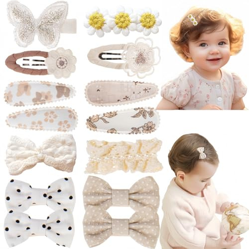 KAQILE 14 stycken hårspännen för flickor, hårband, hårtillbehör, tusenskönsdesign, linne baby flicka, hårspännen för baby, liten flicka, småbarn barn (krämfärgad)