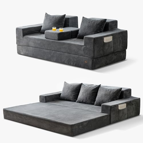MAXYOYO Convertible Sofa Bed, 80 Oversized Boneless Loveseat Couch 4 in 1 Foldable Floor Sofa Couch in A Box with 2 Cup Holders, Folding Sleeper Chair for Living Room, No Assembly Required, Dark Grey