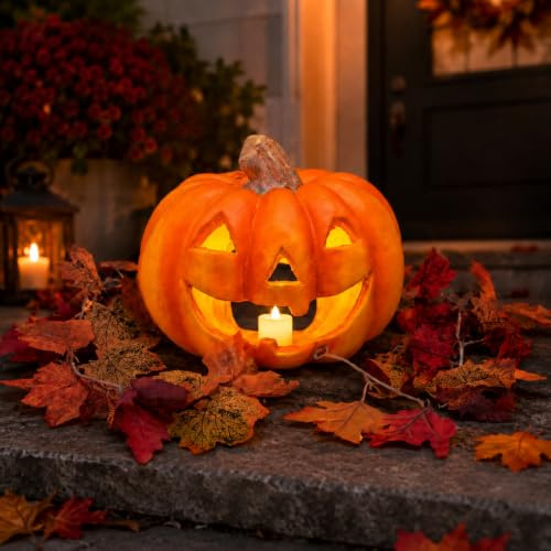 matches21 HOME & HOBBY Set de calabaza XXL de Halloween con guirnalda otoñal – 27 cm portavelas como decoración otoñal con vela LED
