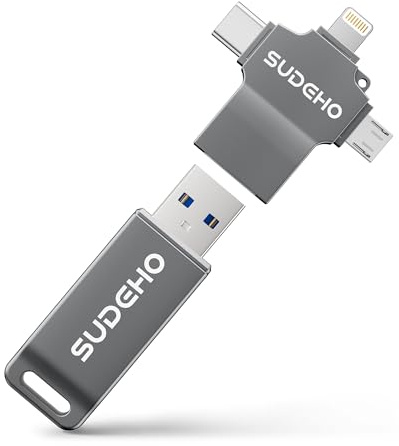 SUDEHO MFi USB Stick 256GB für iPhone, 4-in-1 Metall-Speicherstick, Schwarz | Flash-Laufwerk mit USB 3.0 High-Speed, für iPad, Android, PC, Mac, Backup von Fotos, Videos, Musik, Plug und Play