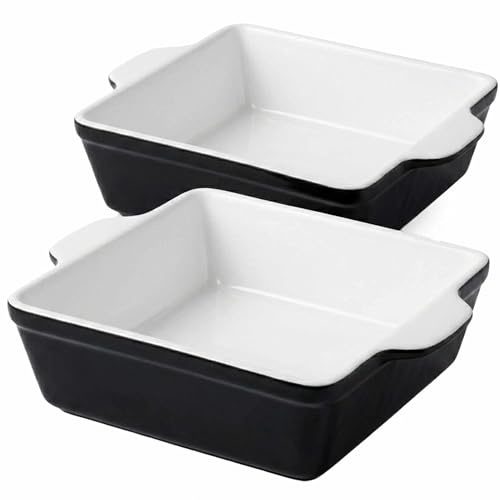 Classic Black & White Ceramic Baking Dish Set 2 (28x19.3x6.5cm, 1.2L) | Square Lasagna Pan with Double Handles | Modern Oven-to-Table Casserole Dish for Roasting & Serving