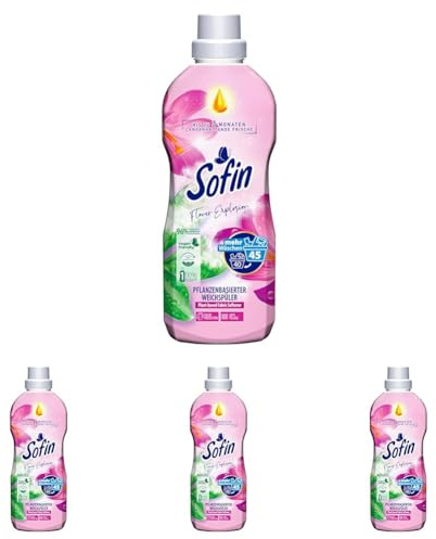 Sofin Weichspüler vegan Flower Explosion 0,81l für 45 Waschgänge - Mit Anti-Pilling-Effekt, Ohne Mikroplastik, Himmlisch weiche & duftende Wäsche (Packung mit 4)