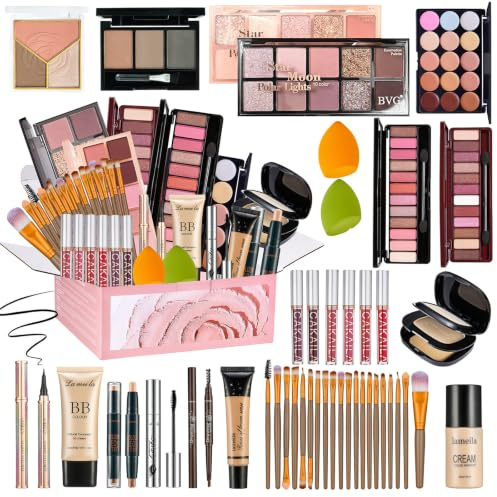All in One Makeup Set for Women Full Kit, Make Up Gift Set, Makeup Essential Bundle Includes Foundation Eyeshadow Palette Concealer Lipstick Eyeliner Mascara Cosmetic Brush Set For Women Girls Teens