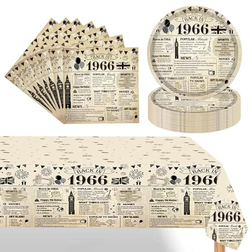 Eiapadeor 60th Birthday Decorations Tableware Set - 37 Pcs 60th Birthday Party Plates Napkins Table Cloth Vintage Back in 1966 Disposable Dinnerware Set for Women Men 60 Year Old Party Supplies