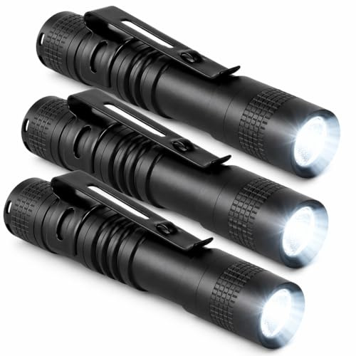 3-Pack Mini Pocket LED Torch, Super Bright Waterproof Flashlight | with Pocket Clip, Small Torches for Household Workshop Hiking Repair Powered by 1*AAA Battery (not Included), Black