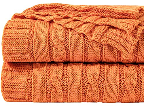 NTBAY 100% Pure Cotton Cable Knit Throw Blanket, Super Soft Warm 130x170 Knitted Throw Blanket for Couch, Sofa, Chair, Bed - Extra Cozy, Machine Washable, Comfortable Home Decor, Orange, 130x170 cm