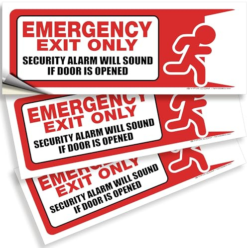 iSYFIX Emergency Exit Only Stickers – 3 Pack 10x4 Inch – Premium Self-Adhesive Vinyl, Laminated UV, Weather, Scratch, Water & Fade Resistance, Security Alarm Will Sound if Door is Opened Sign