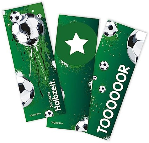 younikat 12er Set Lesezeichen Fußball grün 5,2 x 14,8 cm - 3 Motive - dv647 | Einschulung Schulanfang Schultüte, 350 g/m² Offsetpapier, 12 coole Lesezeichen in 3 verschiedenen Motiven