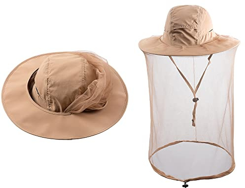 Bee Keeping Beekeeper Veil hat gnats Insect Bug Mosquito Fishing Gardening Cap with Head net Netting mesh Hood for Men Women Khaki