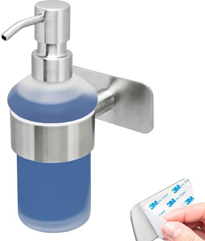 bremermann Bad-Serie Piazza Tape - Seifenspender ohne Bohren, mit Klebepad - selbstklebend, Flüssigseifenspender 200 ml Volumen, Soap Dispenser aus Glas und Edelstahl, matt