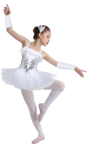 Oyolan Kids Girls Ballerina Swan Lake Costume Sequined Ballet Performance Leotard Tutu Dress with Gloves Hair Clip Set
