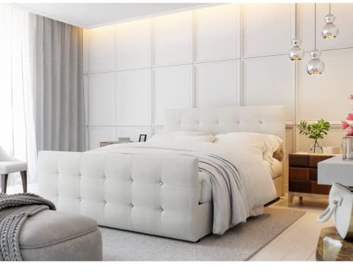 PAMIR-Möbel Bett Designer Bett mit Bettkasten Cleo | Boxspringbett mit Bonell-Matratze, 2 Bettkästen mit dekorativen Knöpfen im Kopfteil | Gesteppte Kopfstütze | 180x200cm | Cremefarben