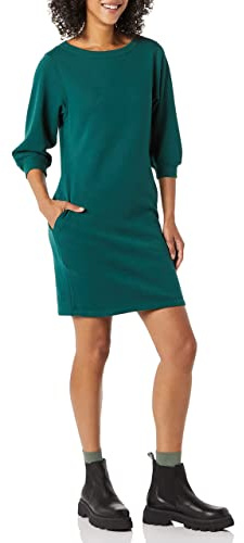 Amazon Essentials Abito da Donna in Pile con Maniche a Camicetta, Girocollo (Disponibile in Taglie Forti), Verde Scuro, M