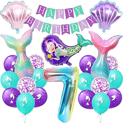 Meerjungfrau Luftballon, Meerjungfrau Geburtstag Deko 7 Jahre | Kindergeburtstag Luftballon Mädchen, Meerjungfrauen Thema Party Set mit Folienballon, Happy Birthday Banner